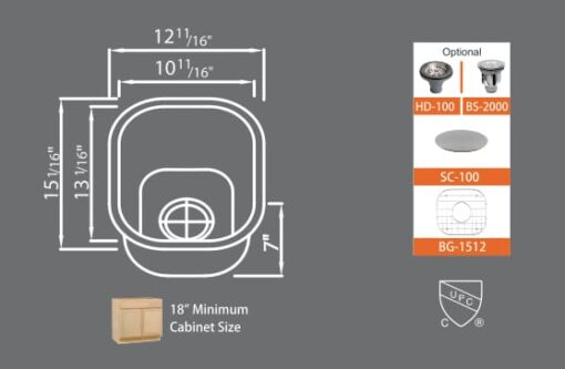 <span style="color: #808080; font-size: 85%;">Stainless Steel Undermount Sinks</span></br> 15" x 12" x 7" - Image 2