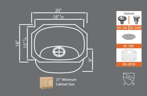 <span style="color: #808080; font-size: 85%;">Stainless Steel Undermount Sinks</span></br> 20" x 18" x 8" - Image 2