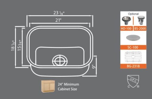 <span style="color: #808080; font-size: 85%;">Stainless Steel Undermount Sinks</span></br> 23" x 18" x 9" - Image 2