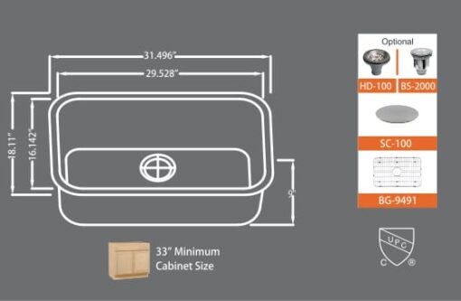 <span style="color: #808080; font-size: 85%;">Stainless Steel Undermount Sinks</span></br> 31" x 18" x 9" - Image 2