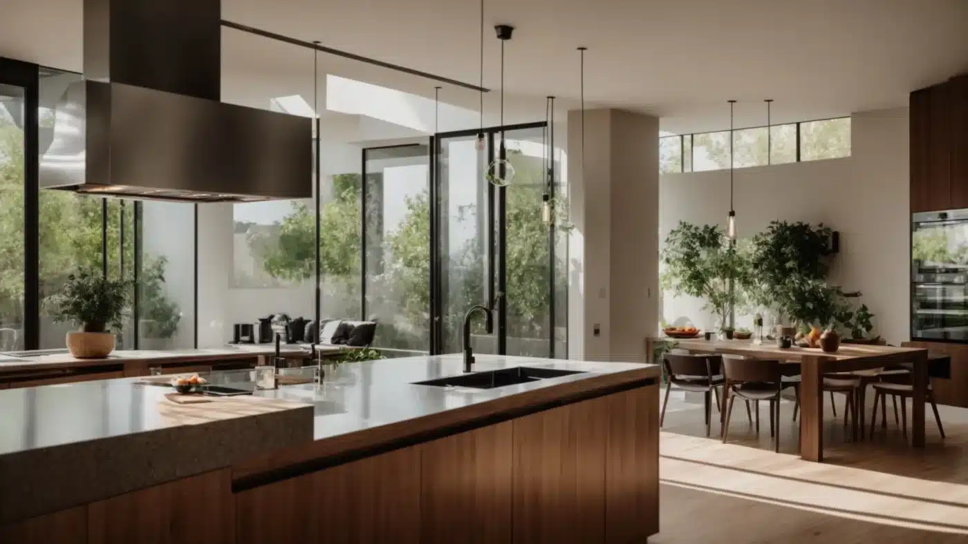 a beautifully designed kitchen featuring sleek, modern cabinets in a warm wood finish, illuminated by soft, ambient lighting that enhances the inviting atmosphere.