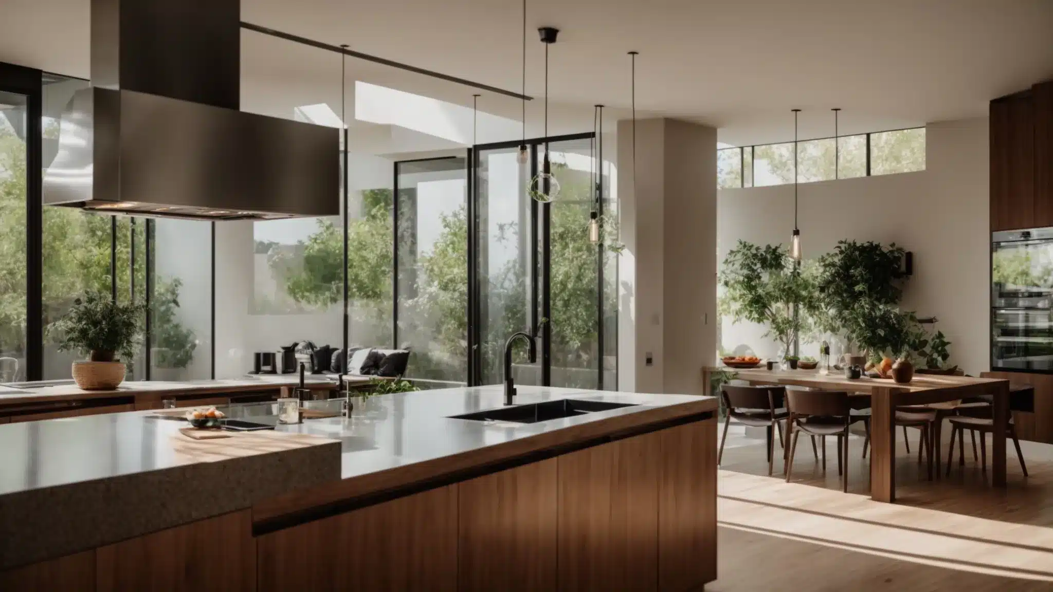 a beautifully designed kitchen featuring sleek, modern cabinets in a warm wood finish, illuminated by soft, ambient lighting that enhances the inviting atmosphere.